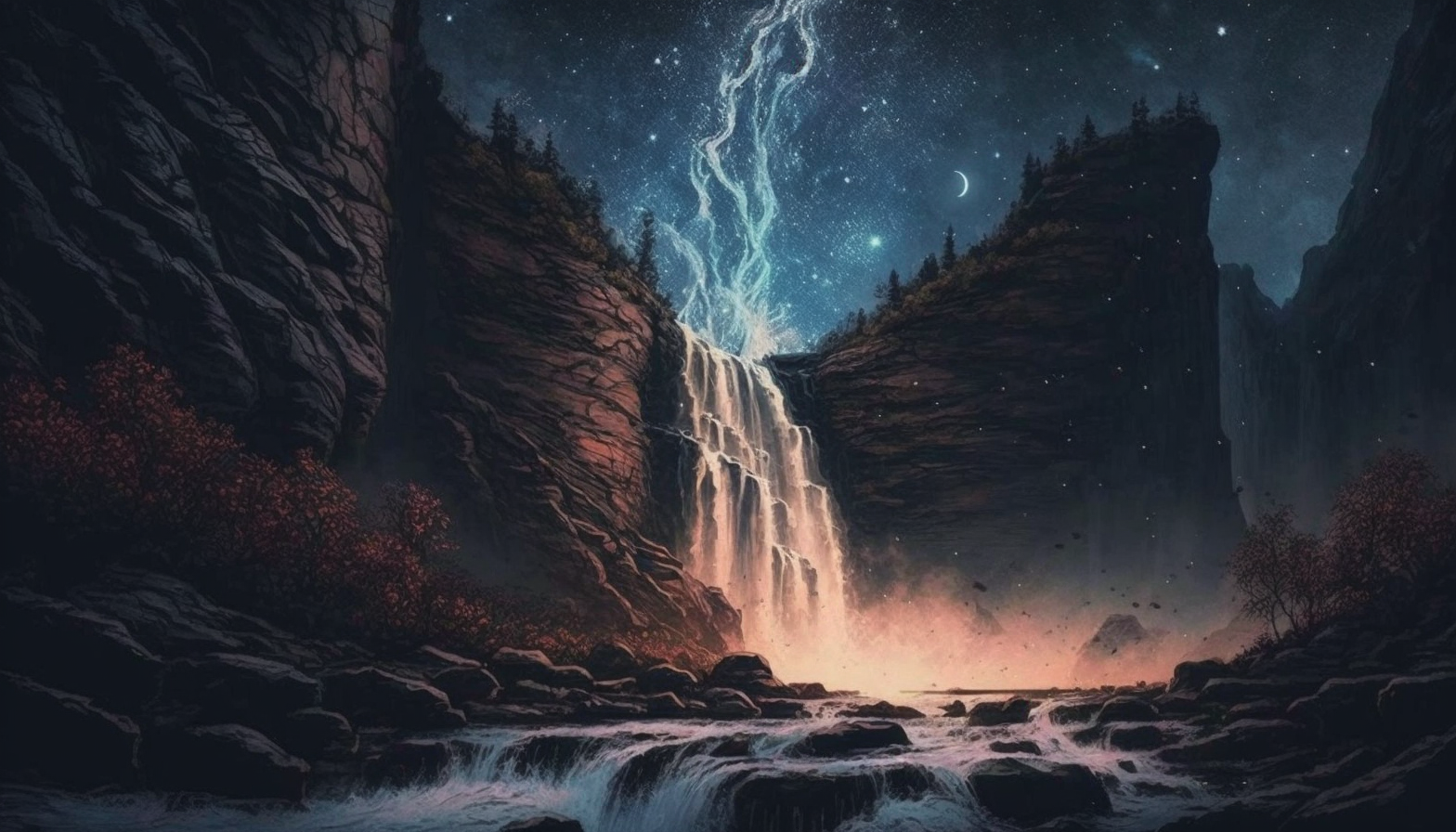 A waterfall cascading down a cliff with a galaxy-filled sky above.