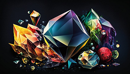 An abstract composition of colorful geometric shapes, arranged to resemble a brilliant diamond or other precious gemstone, set against a carbon-like backdrop.