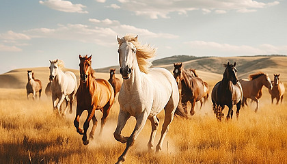 Wild horses galloping freely across open prairies.