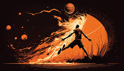 A basketball player performing a high-flying slam dunk with a fiery orange ball and a trail of light behind them.