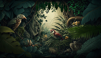 A dense jungle with exotic animals hiding within the foliage