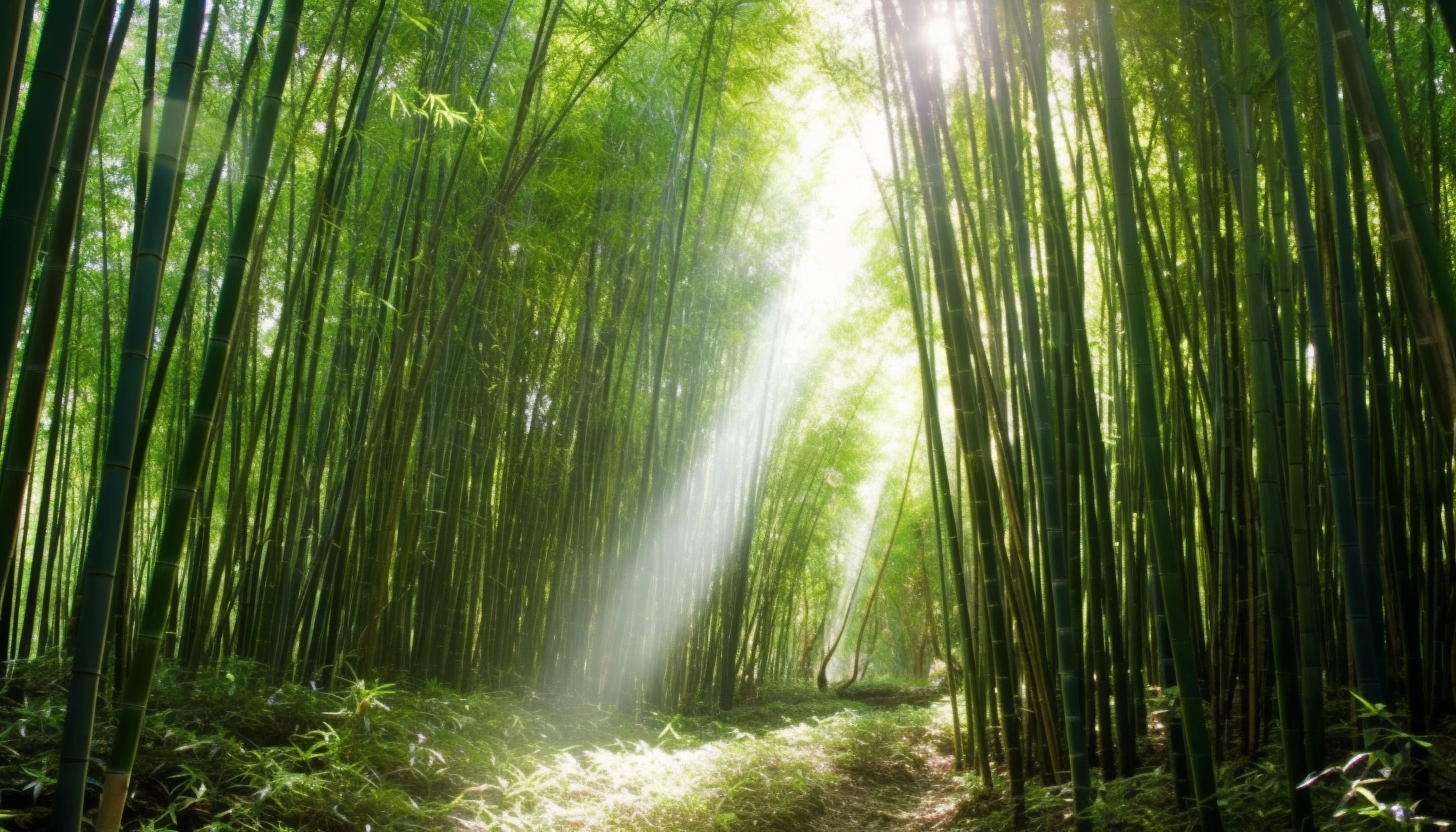 Dense bamboo forests with light filtering through the stalks.