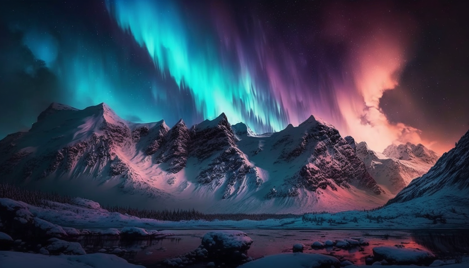 A glowing aurora borealis over a snow-covered mountain range.