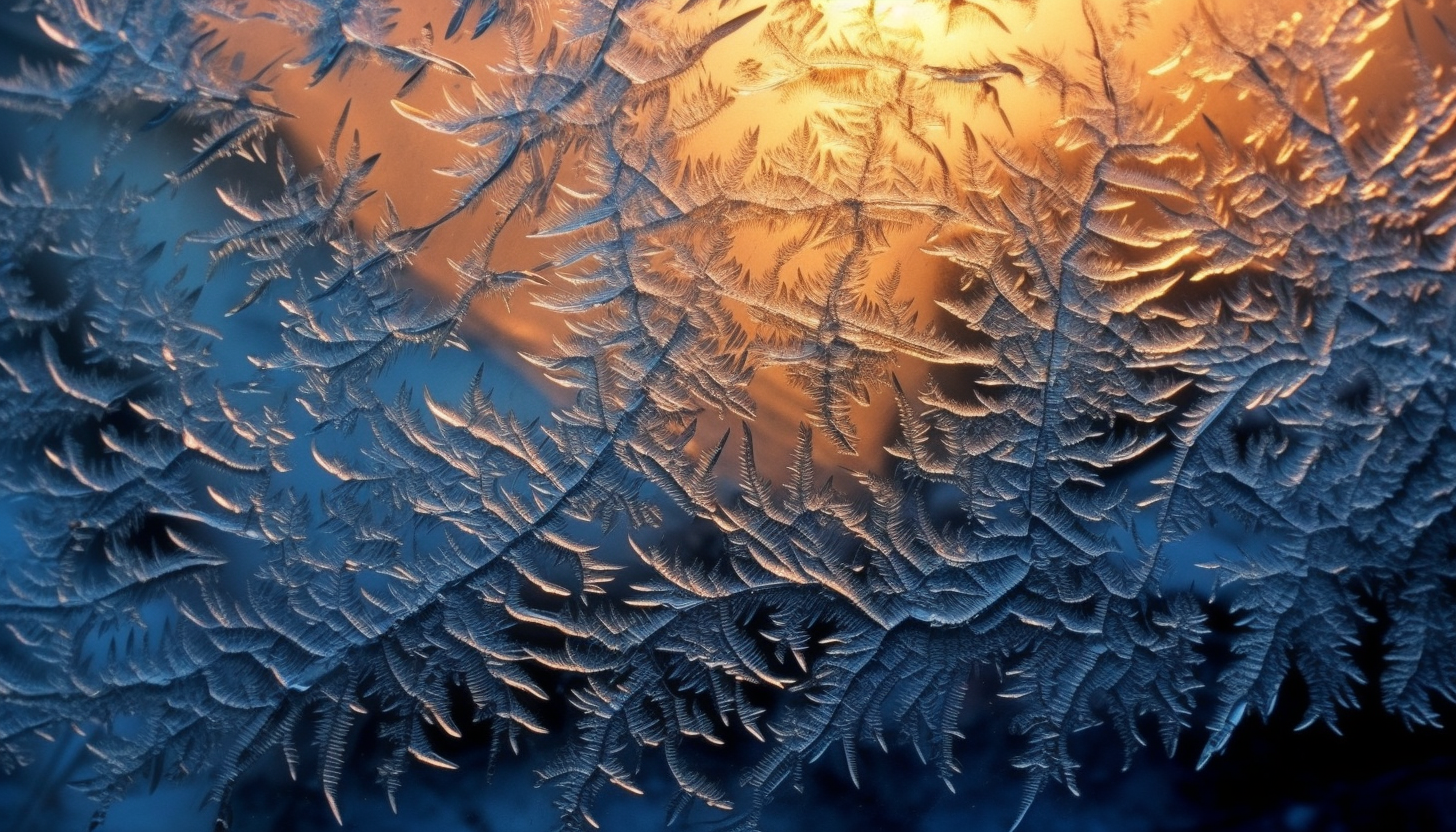 Intricate ice patterns formed on a winter window.