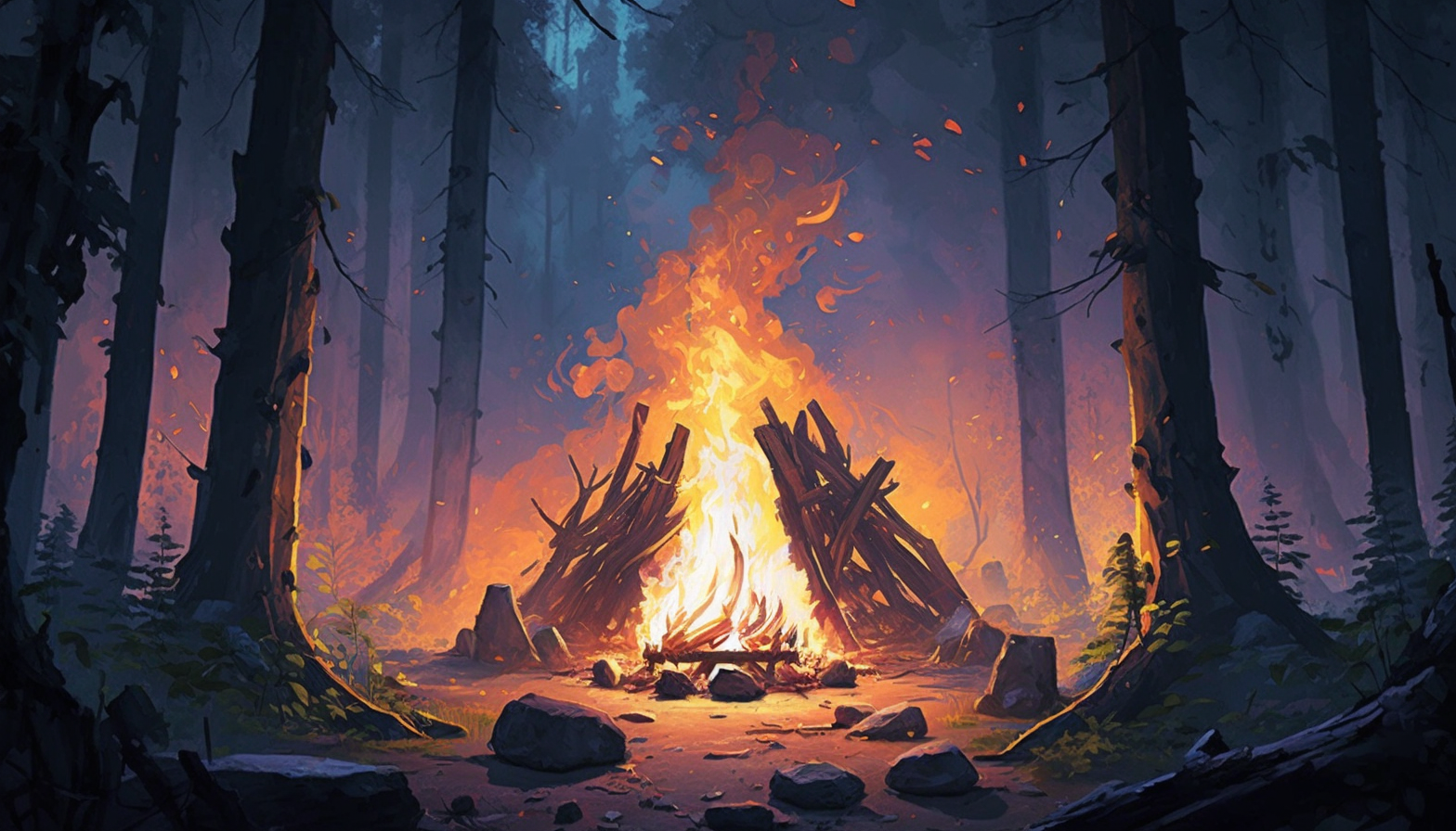 A painting of a roaring campfire in a forest clearing.