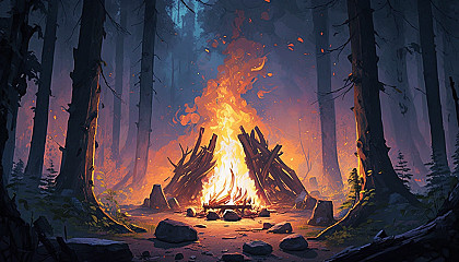 A painting of a roaring campfire in a forest clearing.