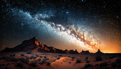 A night sky over a desert landscape with the Milky Way galaxy visible