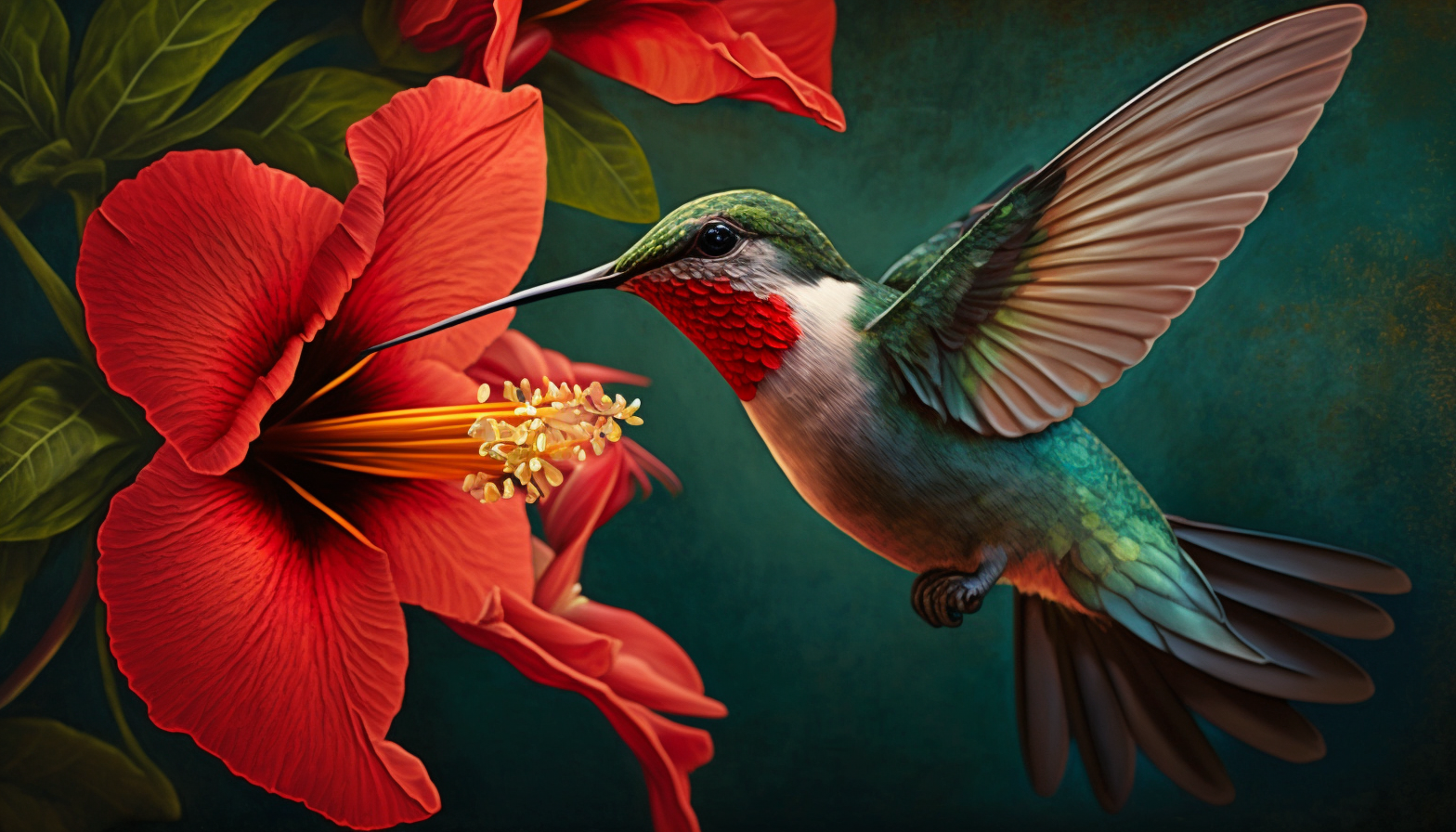 A close-up shot of a hummingbird hovering near a bright red hibiscus flower.