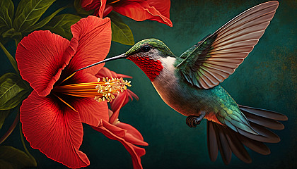 A close-up shot of a hummingbird hovering near a bright red hibiscus flower.