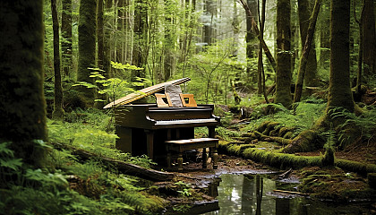 A piano nestled in a serene forest setting, inviting musicians to play.