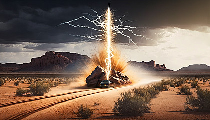 A lightning bolt striking a desert landscape at high speed.