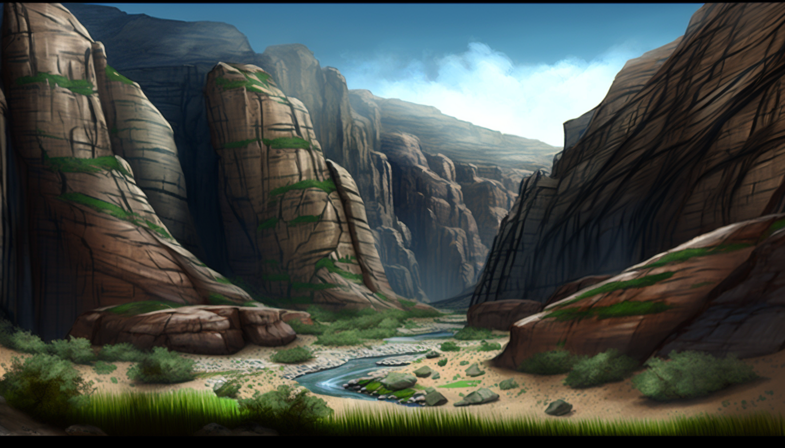 "Grass Canyon": A majestic canyon with striated rock formations, shaped by nature's forces. added grass