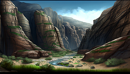 "Grass Canyon": A majestic canyon with striated rock formations, shaped by nature's forces. added grass