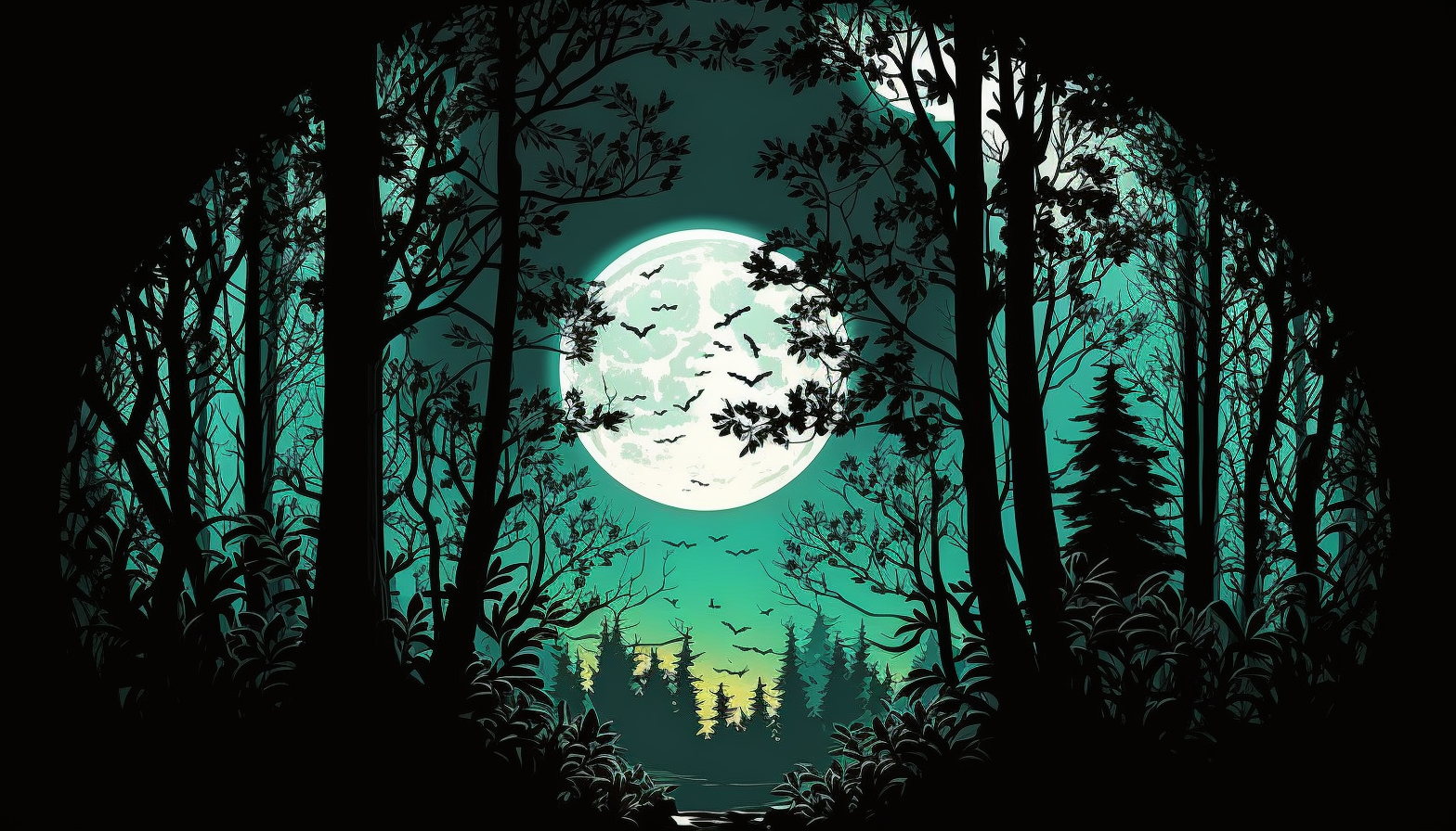 A lush forest with a bright full moon peeking through the trees.