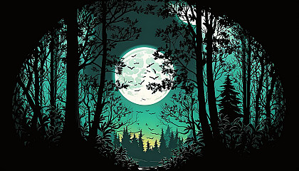 A lush forest with a bright full moon peeking through the trees.