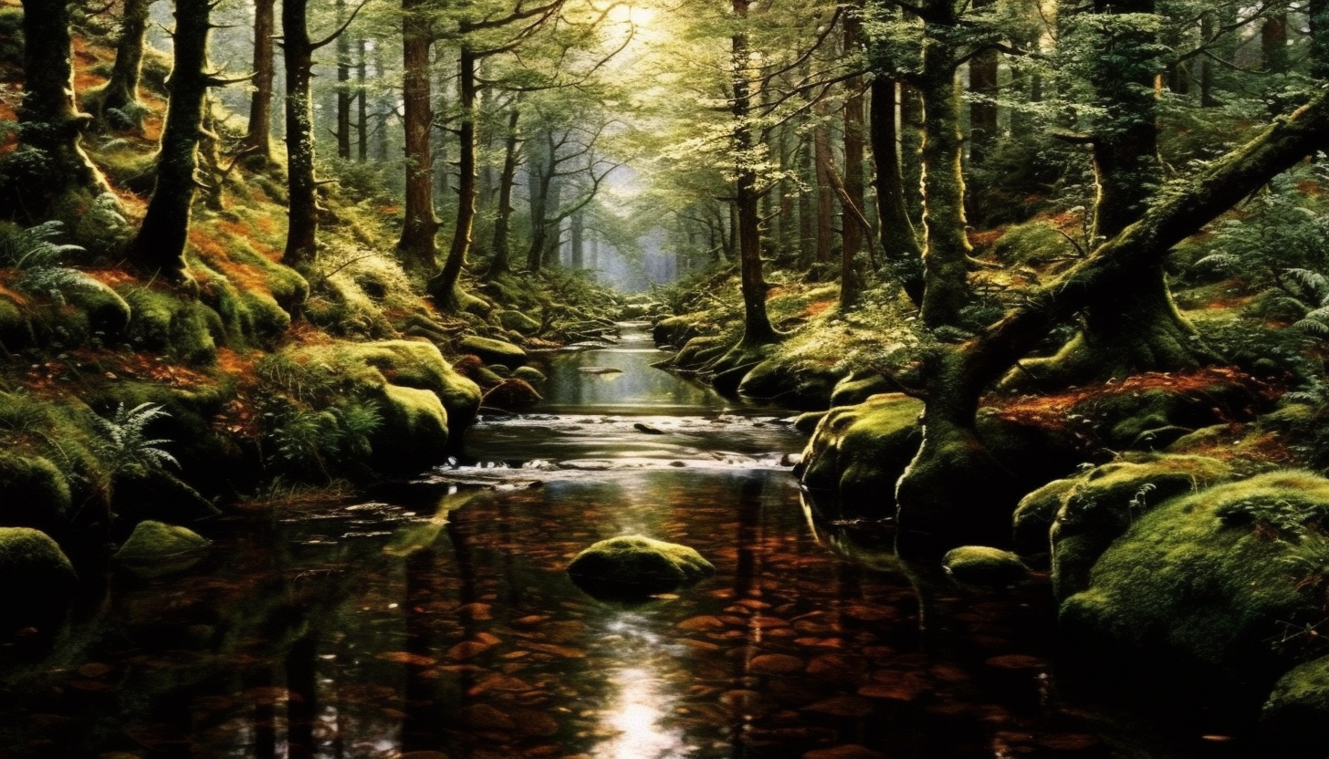 A murmuring brook meandering through a peaceful forest, reflecting its surroundings.