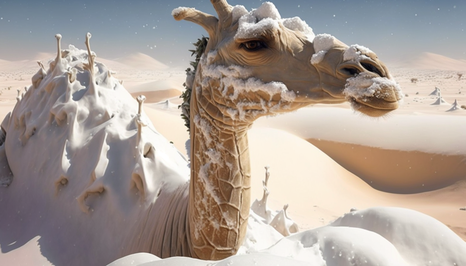 A desert animal (such as a camel or snake) surrounded by snow