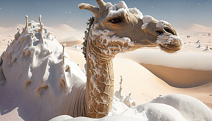 A desert animal (such as a camel or snake) surrounded by snow