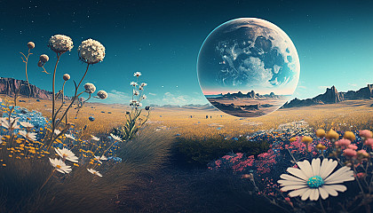 A peaceful meadow with wildflowers and a distant planet rising.