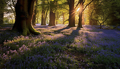 A carpet of bluebells in a sun-dappled forest.