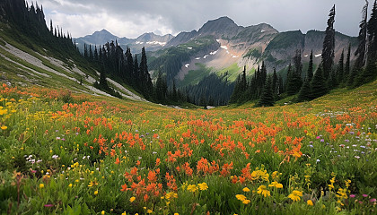 Alpine meadows bursting with colorful wildflowers and a backdrop of towering peaks.