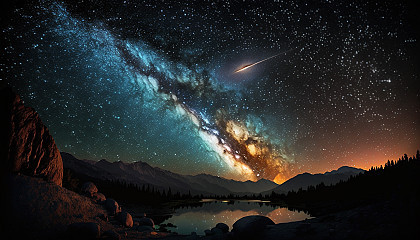 A stunning view of the Milky Way galaxy, with a shooting star in the foreground.