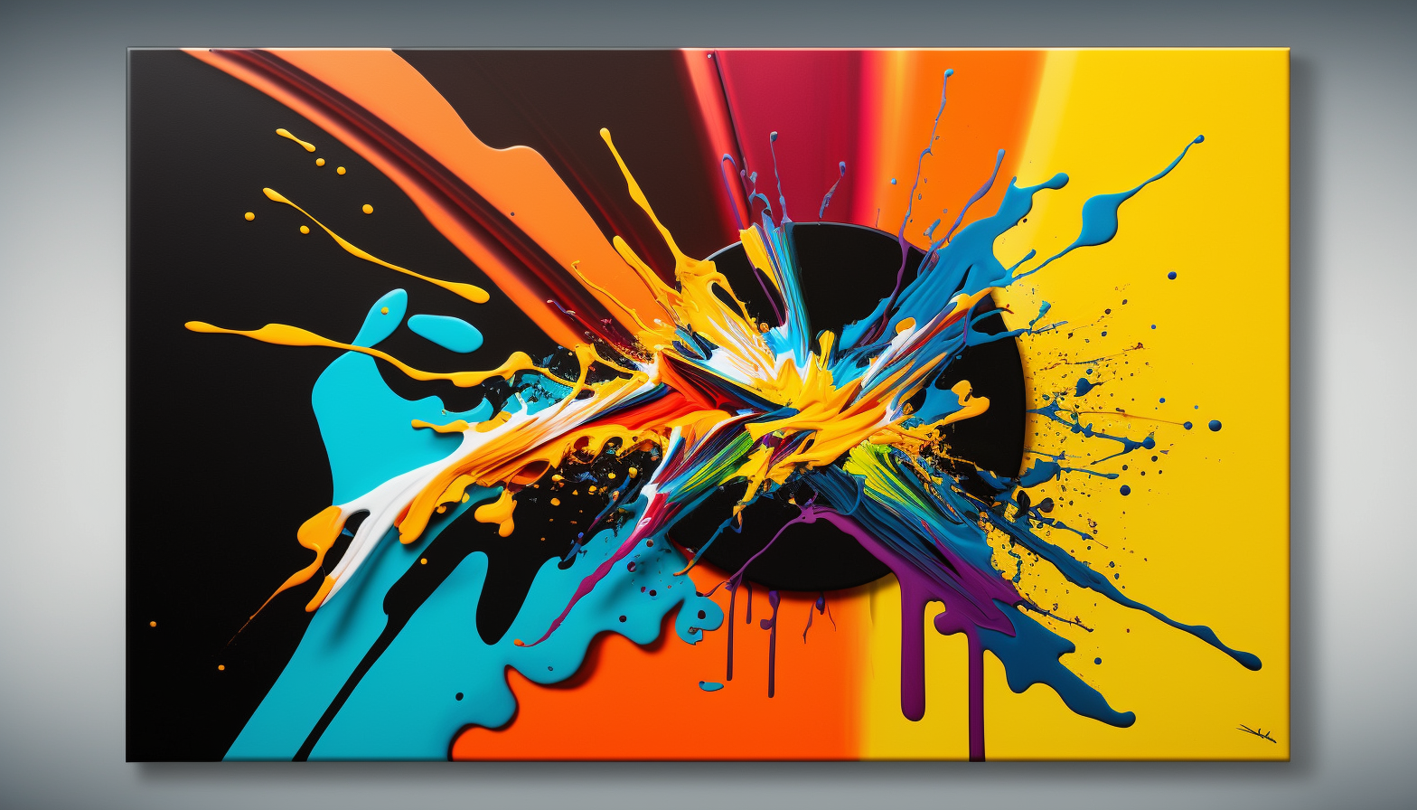 A vibrant abstract painting featuring bold, contrasting colors