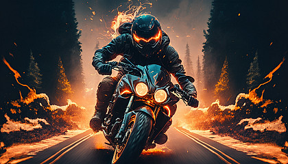 A motorcycle rider speeding down a winding road with flames shooting out of the exhaust.