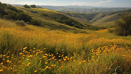 Gentle rolling hills blanketed in wildflowers or golden fields of grain.