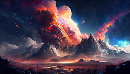 An otherworldly landscape with floating mountains and a nebula-filled sky.