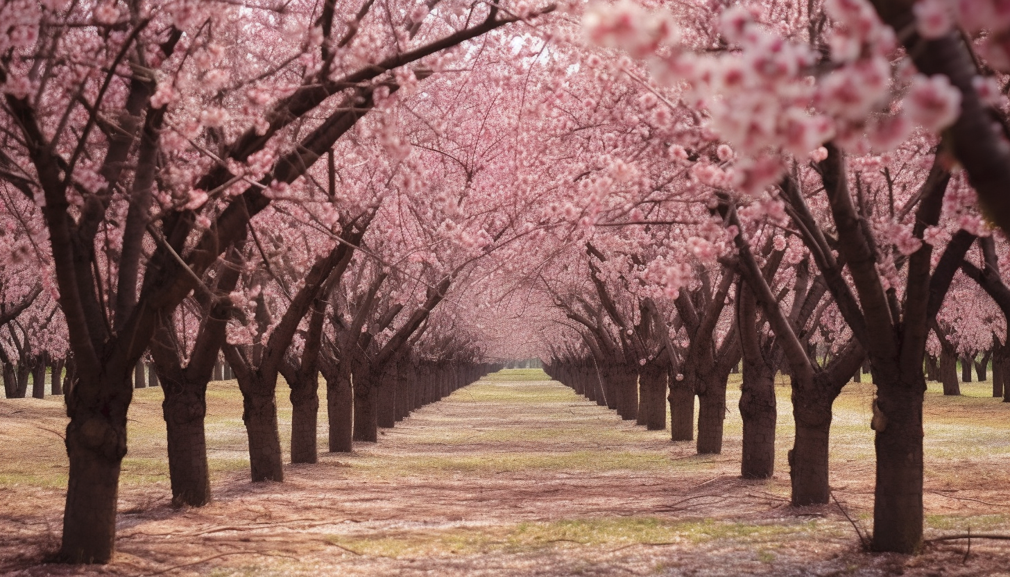 A grove of cherry trees in full bloom.