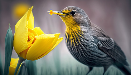 A photograph of a bird drinking nectar from a bright yellow daffodil flower.