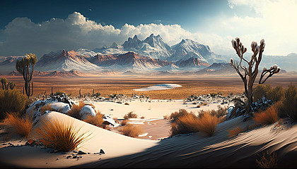 A desert landscape with snow-capped mountains in the background
