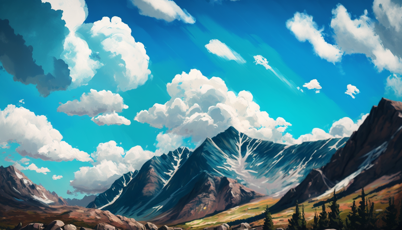 A painting of a mountain range in the summer with a bright blue sky and fluffy clouds.