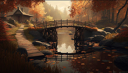 A tranquil river with a wooden bridge and autumn foliage.