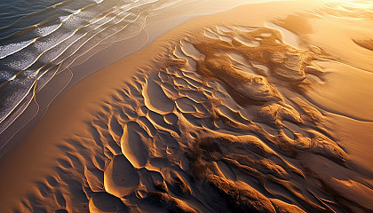 An aerial view of sand patterns created by the ebb and flow of the tide.