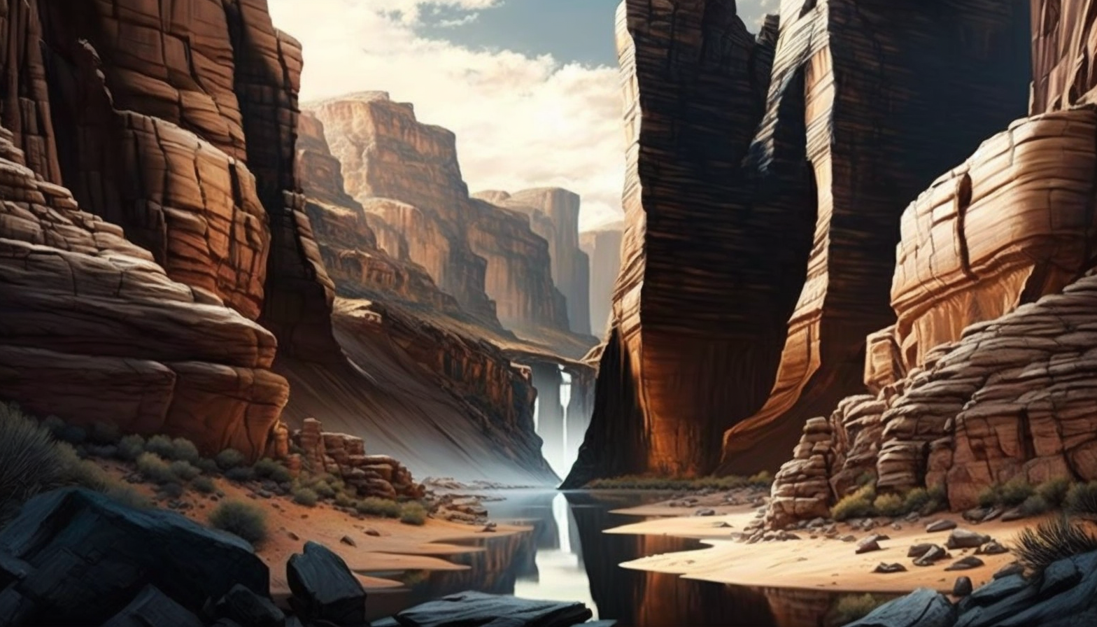 "Canyon": A majestic canyon with striated rock formations, shaped by nature's forces.