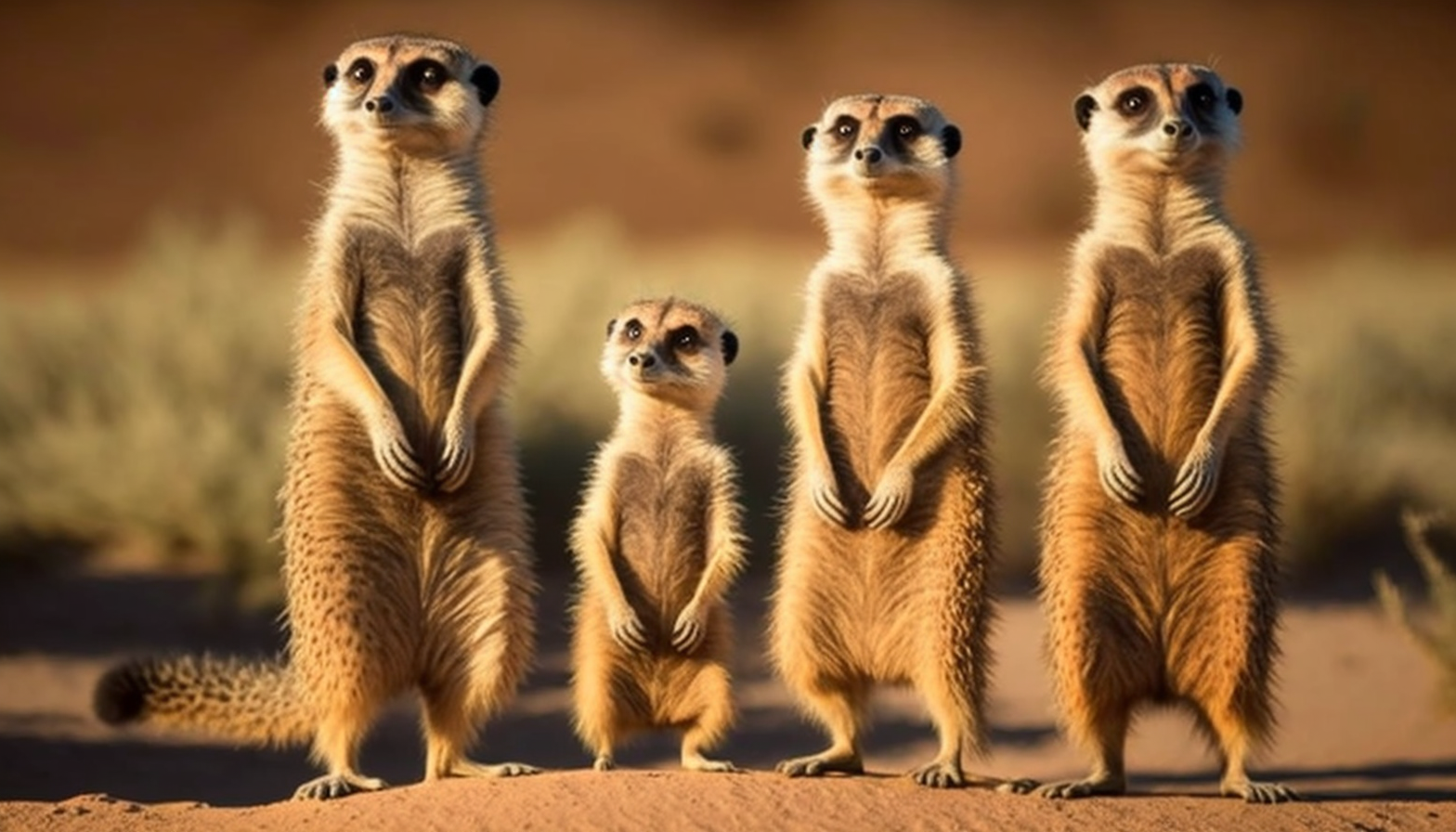 A family of meerkats standing on their hind legs