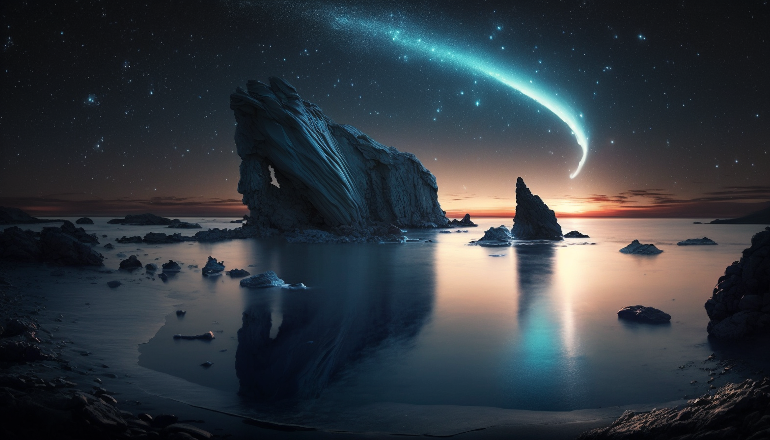 A cosmic image of a comet passing by a distant planet, with the celestial bodies reflecting off a calm ocean.