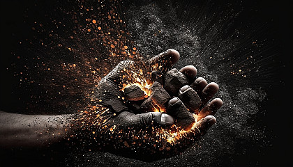 A person's hands holding a piece of coal or charcoal, with brilliant sparks and flames emanating from it.