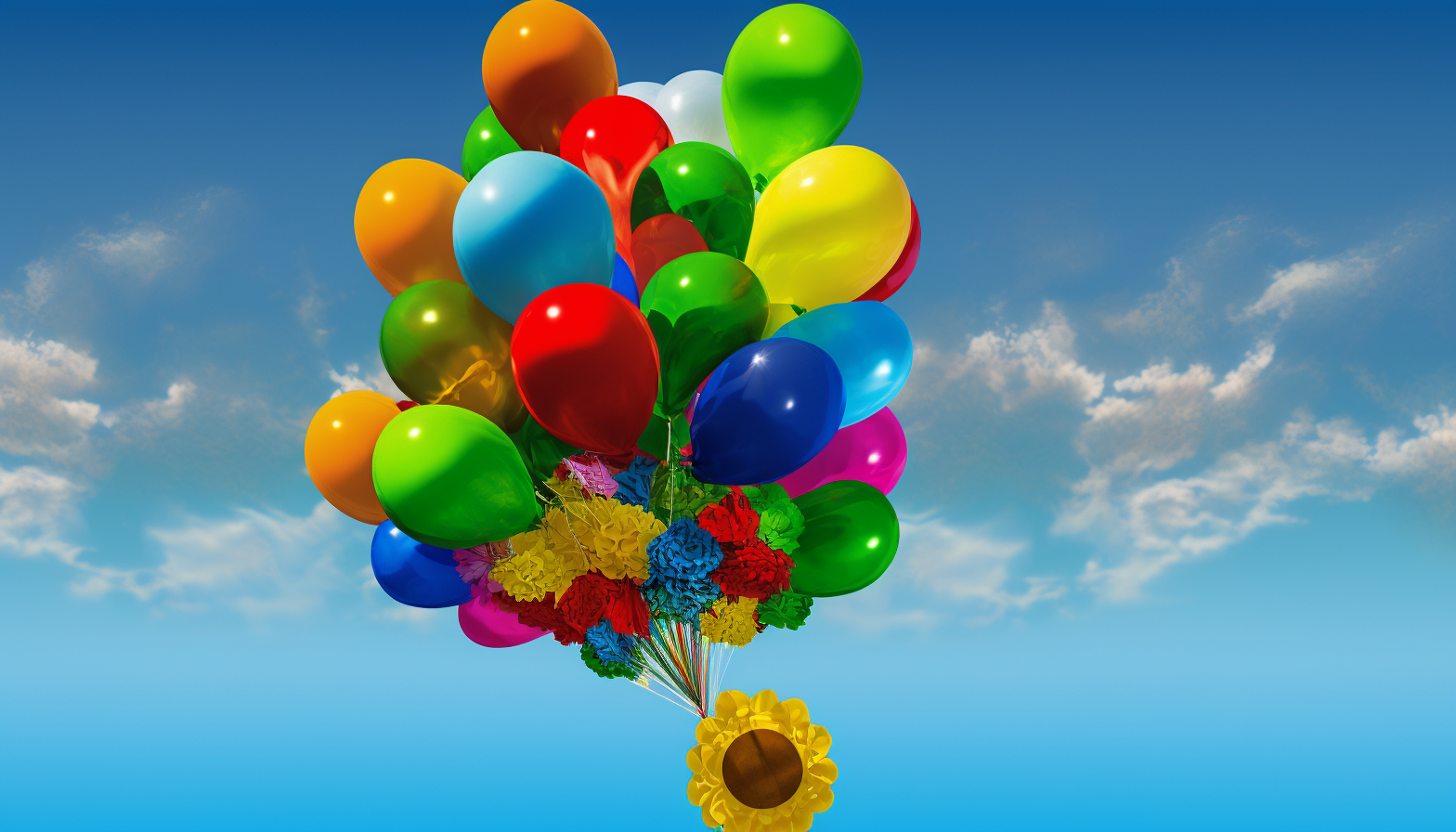 "Vibrant Balloons": A festive scene with a bouquet of colorful balloons floating against a blue sky.