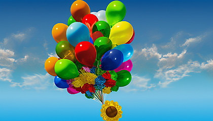 "Vibrant Balloons": A festive scene with a bouquet of colorful balloons floating against a blue sky.