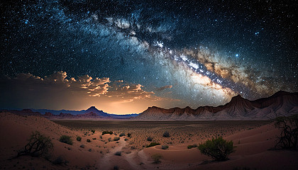 A night sky over a desert landscape with the Milky Way galaxy visible