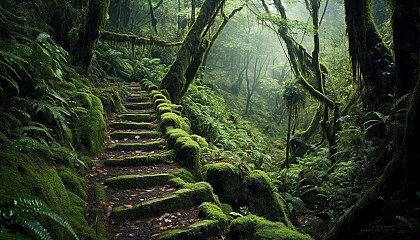 A narrow, winding path disappearing into a dense forest.