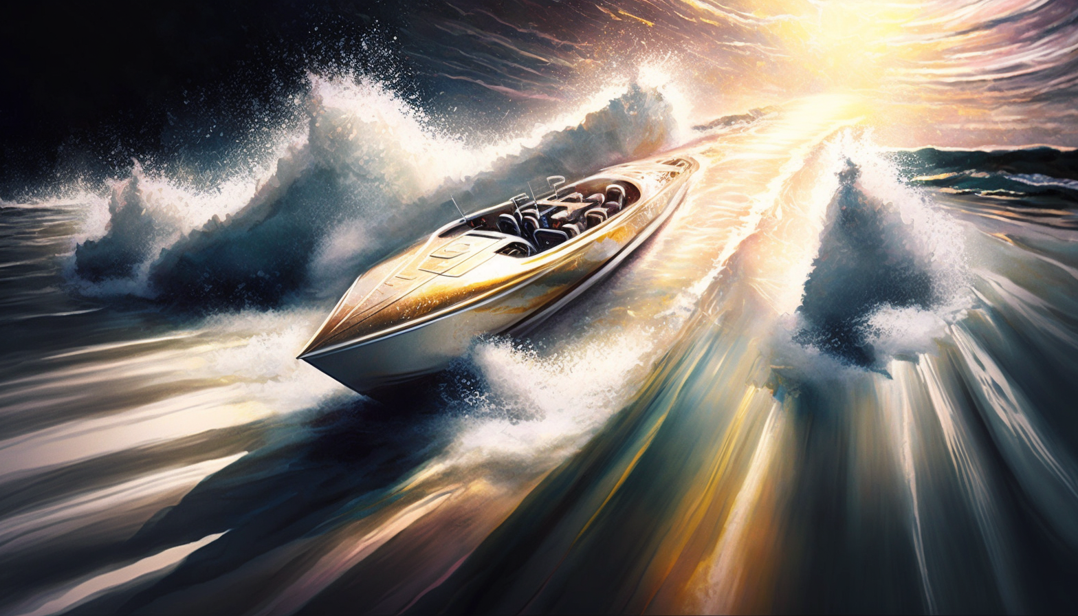 A speedboat zooming across the surface of a glittering ocean.