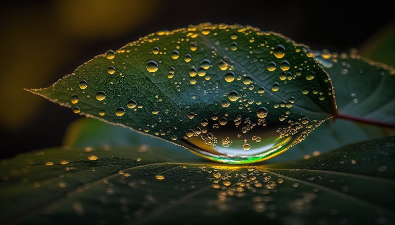 A close-up shot of a dewdrop on a leaf, reflecting the surrounding foliage.