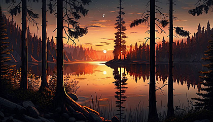 A serene sunset over a calm lake, with tall trees in the foreground.