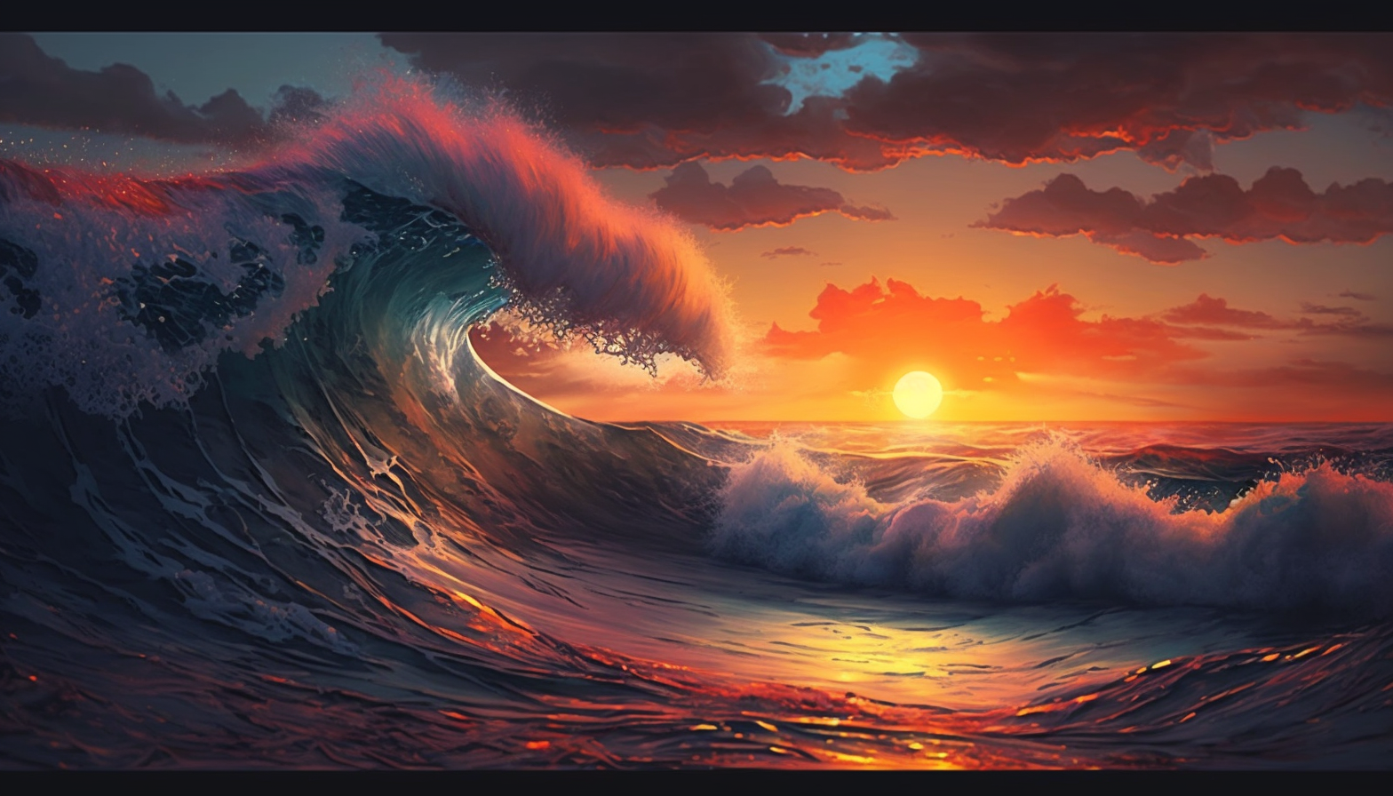 A vibrant sunset over the ocean waves.