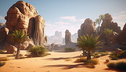 Desert landscapes with hidden oases and unique rock formations.