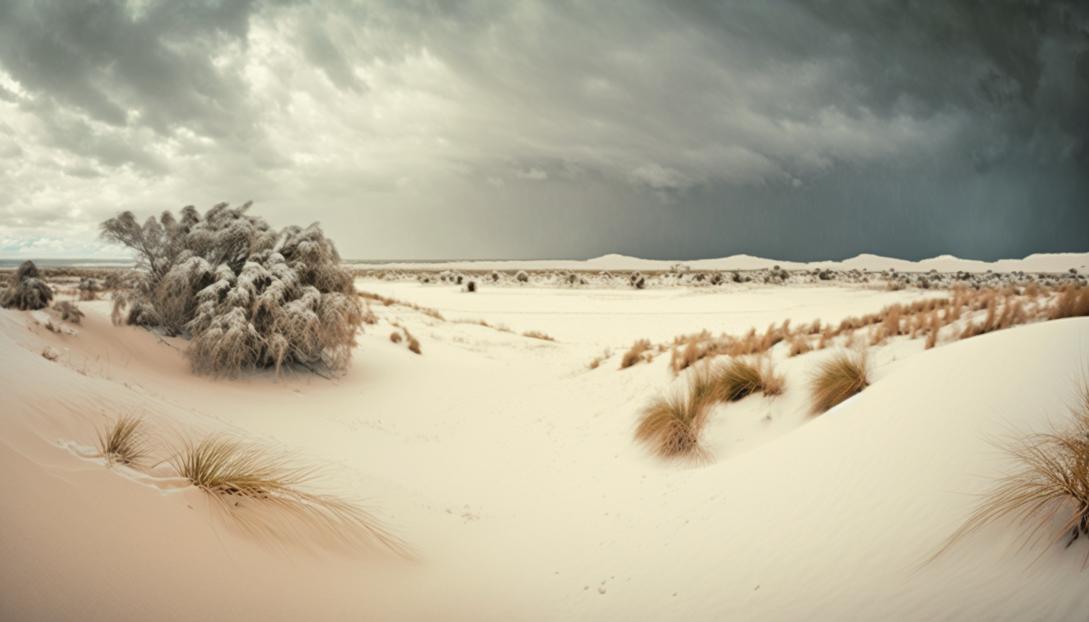 A panoramic shot of sand dunes with snow falling in the distance